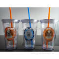 16oz Eco-friendly double wall plastic glass with straw and lid